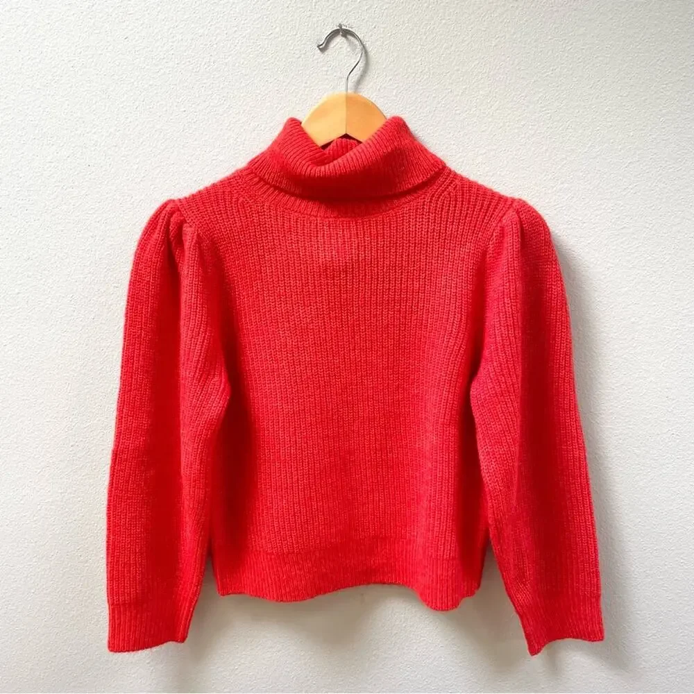 J. Crew Cropped Puff-Sleeve Turtleneck Sweater Persimmon Poppy Womens Small $118